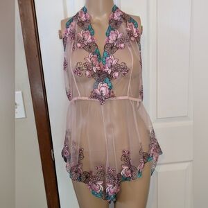 Sheer Floral Embroidered Teddy Lengire Bodysuit with Pink and Teal Accents-3XL